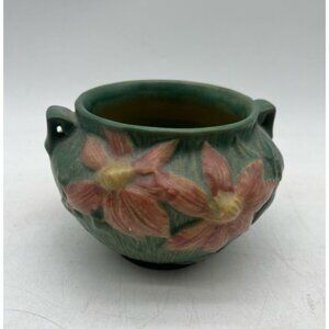 Roseville‎ USA Clematis Green & Pink Ceramic Vase Pottery 4.5" Handled Vintage